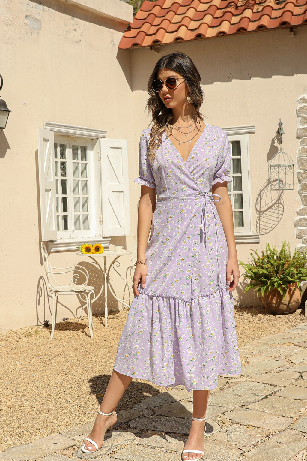 2023 European and American Women′s Summer New Sexy V-Neck Bohemian Beach Skirt Printed Commuter Chiffon Dress